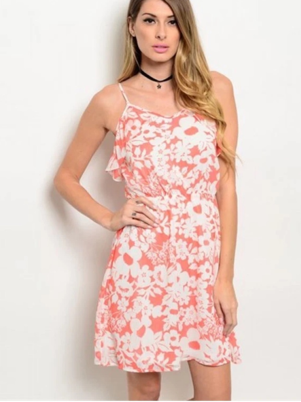 Super B Floral Mini Sundress Women’s Small Coral Ruffle Sleeveless